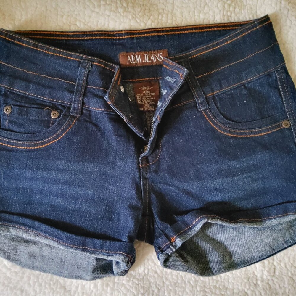 Y2K ABM Jeans Dark Wash Low Rise Cuffed Denim Mini Contrast Stitching Shorts